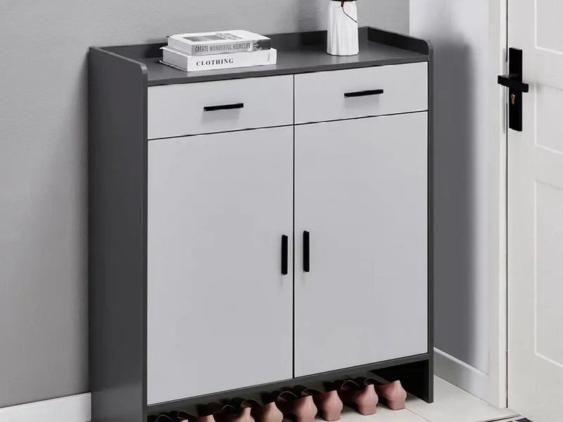 Modern Grey Two-Door Shoe Cabinet with Drawers