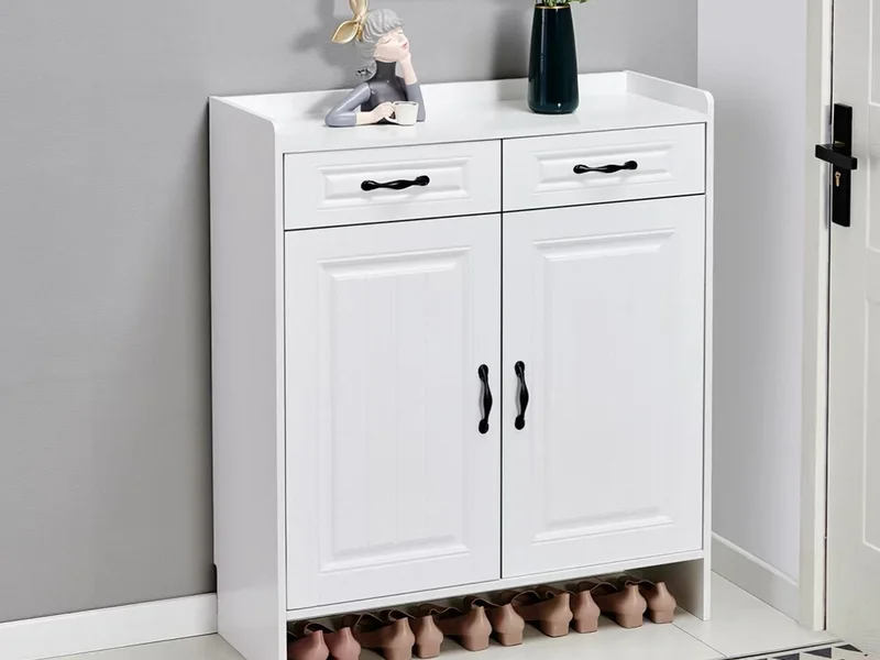 White PVC-Finished Two-Door Shoe Cabinet with Double Drawers