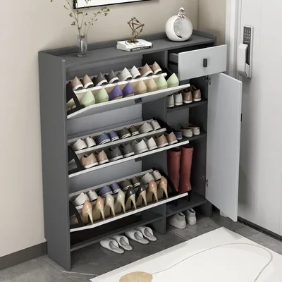 Handleless White Three-Flip Shoe Cabinet for Entryway Storage
