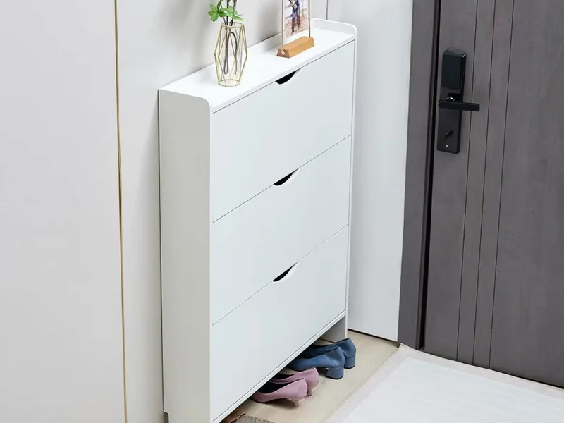 Handleless White Three-Flip Shoe Cabinet for Entryway Storage